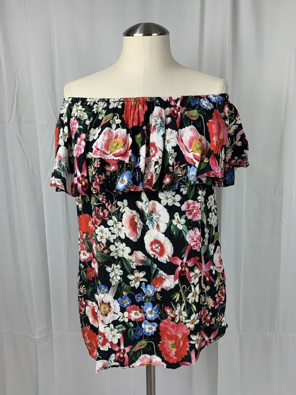 ZARA WOMAN Off the Shoulder Black Floral Print Blouse Top Shirt S Cottage